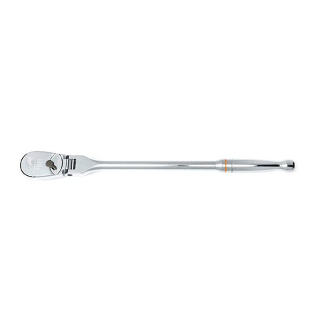 Four Piece Ratchet Set With Flexible Head And 90-Tooth Full Polish Finish For Tight Spots, Includes One Quarter, Three Eighths, And One Half Inch Drives, Teardrop Low-Profile Design, Enclosed Head Keeps Dirt Out, Multicolor, showing single polished ratchet.