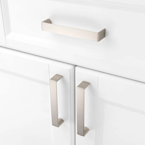 10 Pack 5 Inch Brushed Nickel Cabinet Pulls Satin Silver Cabinet Handles installed on white kitchen doors