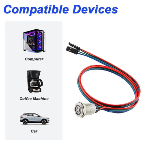 12mm Chassis Power Button Kit With LED Metal Button Cable For PC Case ATX On Off Switch Extension Cord Red DIY PC Build Easy Install Includes 1 To 2 Splitters with compatible devices.