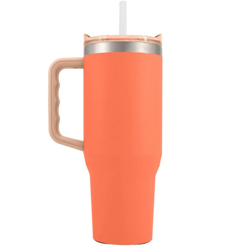Rock Solid 40 Oz Stainless Steel Vacuum Insulated Tumbler with Copper Plate Technology in coral color with straw and handle.