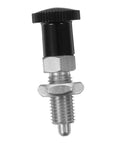 Built Damn Tough Stainless Steel Self Locking Indexing Plunger With Slick Spring Return Knob, detail view, used for jig alignments.