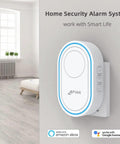 Smart Door Chime And Window Alarm Sensor with App Alerts, Remote Control, 2.4GHz WiFi Base Station Siren shown in a room.