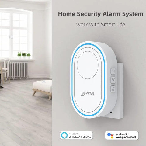 Smart Door Chime And Window Alarm Sensor with App Alerts, Remote Control, 2.4GHz WiFi Base Station Siren shown in a room.