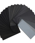 45 Piece Wet And Dry Sandpaper Set Workhorse Grit Range 120 To 5000, 9 By 3.6 Inch Sheets displayed in a fan arrangement