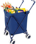 Transit Folding Shopping Cart With Water Resistant Canvas Bag Heavy Duty Steel Frame Double Front Swivel Wheels filled with groceries