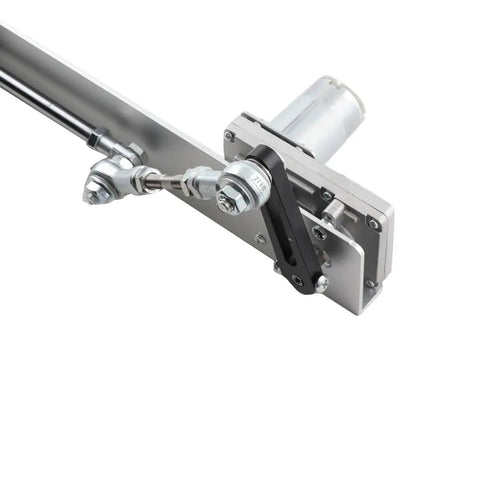 Close-up of Adjustable Telescopic Linear Actuator Motor With Integrated Speed Controller And 24 Volt Power Supply, aluminum and steel parts.