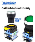 Green Yellow 22mm Emergency Stop Button Switch with easy installation, green push button, ABS keycap, dustproof base.