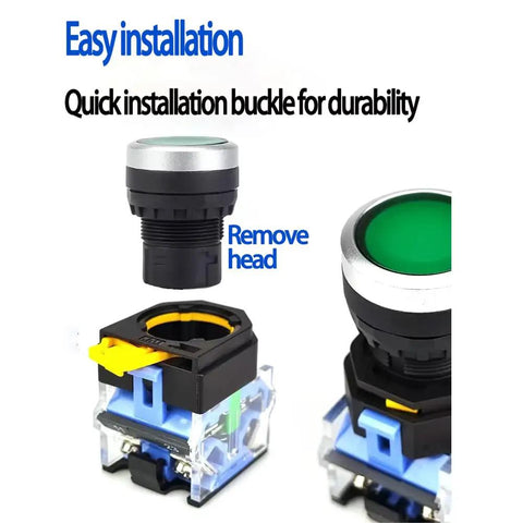 22mm Emergency Stop Mushroom Button Combo With Green Momentary Push Button For Industrial Machines Red Mushroom Head Quick Stop E Stop Safety Switch Panel Mount Ready For Control Panels And Heavy Machinery, panel-mount close-up
