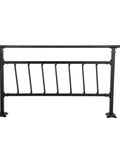 Rock Solid Wrought Iron Outdoor Stair Railing With Adjustable Frame for Zero to Five Steps, sleek matte black finish, front view.