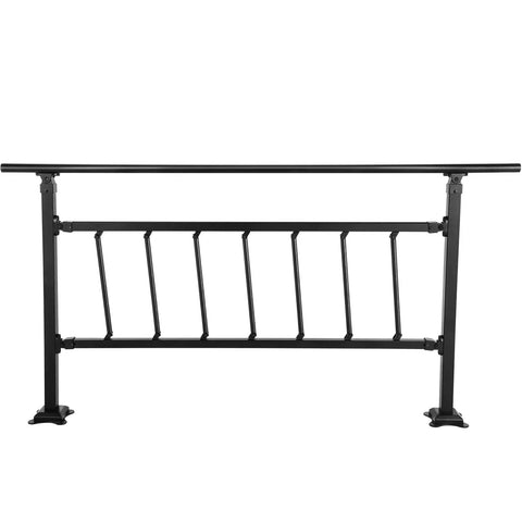 Rock Solid Wrought Iron Outdoor Stair Railing With Adjustable Frame for Zero to Five Steps, sleek matte black finish, front view.