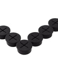 Premium Flexible Silicone Cable Cord Grommet Set 1 Inch Black for desk hole cover, six black rubber grommets in a row.