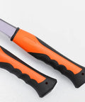 Heavy Duty 28 Oz Rock Pick And Brick Hammer with ergonomic shock reduction handle, close-up of orange and black grip design