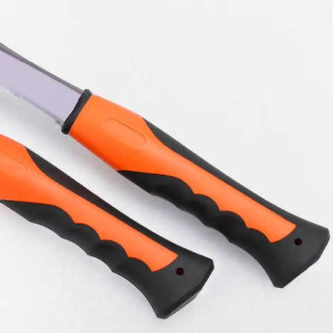 Heavy Duty 28 Oz Rock Pick And Brick Hammer with ergonomic shock reduction handle, close-up of orange and black grip design