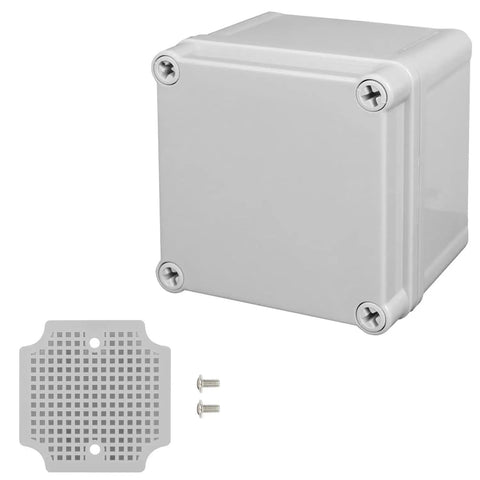 Outdoor IP67 Waterproof Junction Box With Mounting Plate, Weatherproof ABS Project Box 3.9 x 3.9 x 3 Inches, shown with screws and mounting plate.