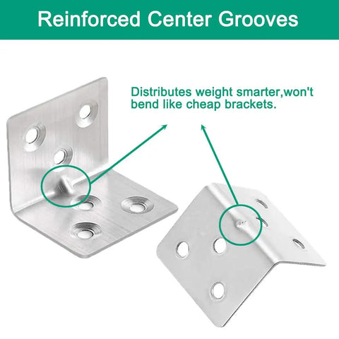 Reinforced Center Grooves of 16 Pack Stainless Steel Corner Braces 1.5 By 1.2 By 1.2 Heavy Duty L Brackets for secure support.