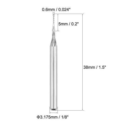 Carbide end mill for PCB engraving, 0.6 mm diameter with 1/8 in shank, silver metal