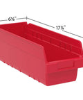 Red plastic bin with measurements showing 17 7/8" L x 6 5/8" W x 6" H, similar to Blue Plastic Shelf Bins For Pantry Organization.