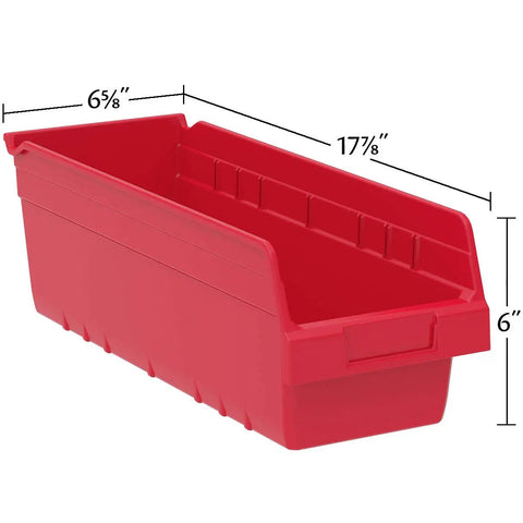 Red plastic bin with measurements showing 17 7/8" L x 6 5/8" W x 6" H, similar to Blue Plastic Shelf Bins For Pantry Organization.
