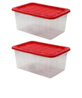 Kickass Clear Plastic Storage Bins Pair 27 Gallon Stackable Totes With Red Snap On Lids And Built In Handles, transparent bins with red lids.