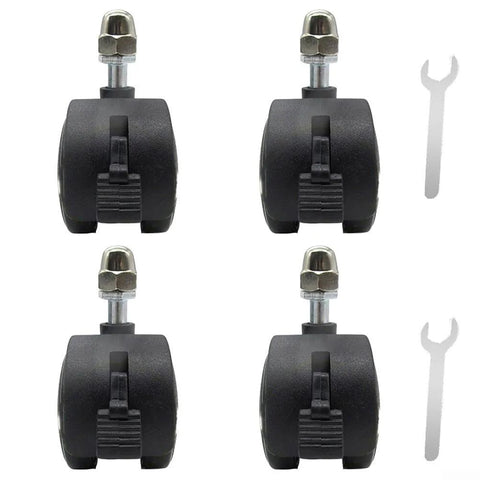 Four black omni-directional caster wheels with metal threaded stems and nuts for appliances