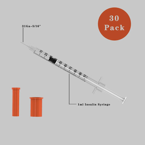 Disposable 31 Gauge 5/16 Inch Syringe With Needle, 1ml Capacity, Sterile, Individually Wrapped, 30 Pack, Clear Measurement Markings, Perfect For Lab Dosing, Pets, Veterinary And Medical Dispensing Supplies, 1ml insulin syringe