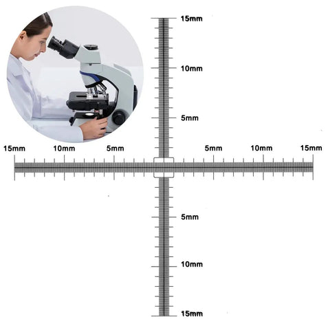 0.1mm Calibration Slide For Microscope With Cross Micrometer And Micrometer Ruler, 40x40mm glass, shown with user and measurements