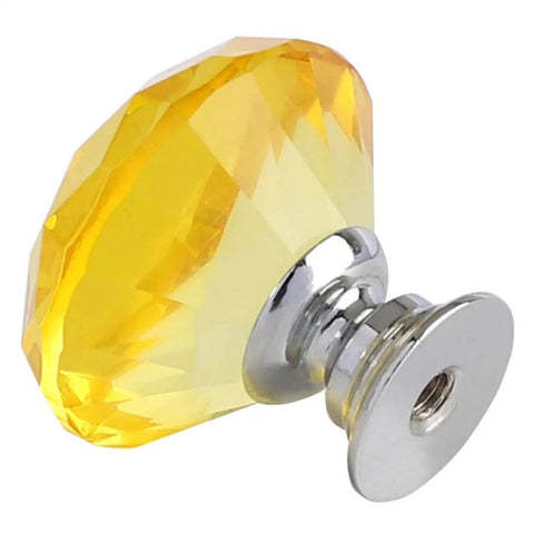 Kick Up Your Cabinetry Game With These Solid As A Rock 12 Piece Pack Of 30Mm Diamond Shape Crystal Glass Cabinet Knobs With Complete Screw Kit For Furniture Yellow, yellow crystal glass knob with chrome base.