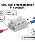 No Sweat Quick Connect Wire Terminal Blocks Two Way Solderless Push In Cable Connectors Rated At 10 Amps For 110 To 240 Volt Systems Bright White Finish installation guide with wiring steps.