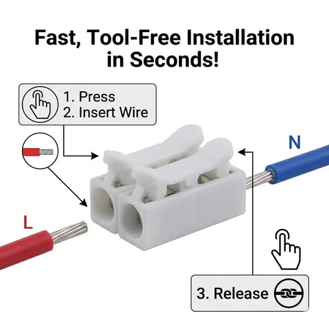 No Sweat Quick Connect Wire Terminal Blocks Two Way Solderless Push In Cable Connectors Rated At 10 Amps For 110 To 240 Volt Systems Bright White Finish installation guide with wiring steps.