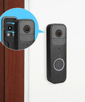 Black Doorbell Back Plate Replacement For Video Doorbell Mounting Systems Kit with hardware installed on door with close-up inset