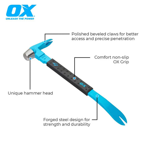 12 Inch Cat's Paw Nail Puller Tool with Hammer Head Pry Bar and Rubber Grip, polished beveled claws, forged steel, tight spaces tool
