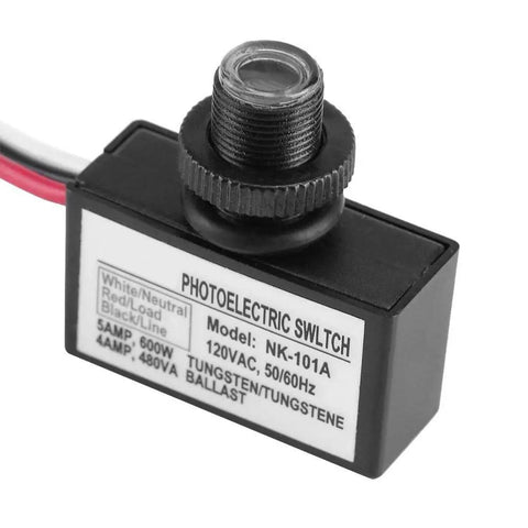 Dusk To Dawn Photoelectric Switch 120V AC Auto On Off LED Lighting Fixture Sensor With Photocell Easy Install Replacement For Lighting Systems Ideal For Dated Or Faulty Switches In Homes Garages Patios, black plastic sensor with threaded mount