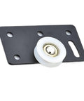 Heavy Duty Bulletproof Sliding Door Rollers For Wardrobe Cabinet Nylon Hanging Wheels Smooth Glide Indoor Outdoor Replacement Pulleys mounted on black plate with white pulley.