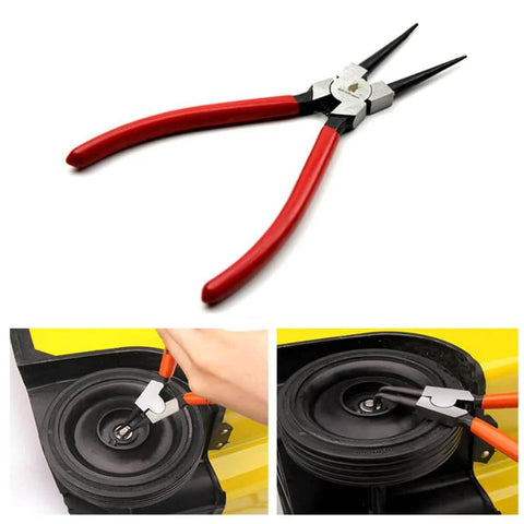 Internal Snap Ring Pliers 7 Inch 90 Degree Bent For Internal Circlips Precision Circlip Pliers No Slip Tip Forged From 45 Steel Heat Treated Durable For Easy Ring Install And Removal. Displayed with red handles and black tips, shown in use with a bore hole application.