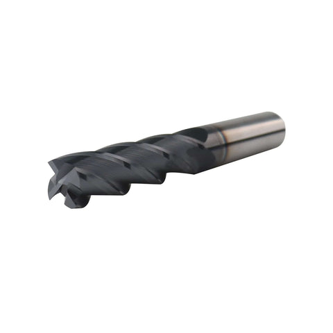 Side view of a carbide long end mill, 9/16-inch shank, 4-flute square end, AlTiN coating, 2-inch length of cut.
