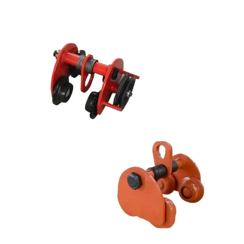 No Fuss Heavy Lifter Hand Chain Hoist With Integrated Monorail Trolley For Standard I Beam structures, red and orange rolling trolley components.