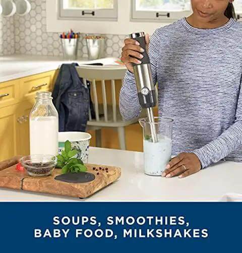 No Sweat 500 Watt Stainless Steel Immersion Blender With Removable Whisk And Spout Blending Jar For Thick Smoothies Quick Purees And Bold Homemade Sauces Dual Speed Hand Blender Kit in use making smoothies.