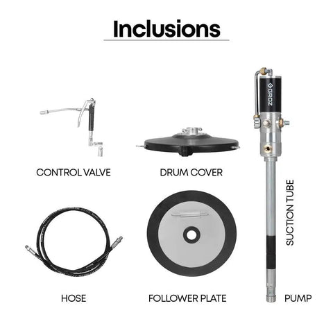 Air Operated Grease Pump Complete Kit For 5 Gallon Pails including pump, control valve, drum cover, follower plate, and hose