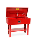 Heavy Duty 40 Gallon Parts Washer With 22 Gal Tank Capacity And Flexible Spray Wand No Nonsense Shop Beast For Cutting Through Grease On Tools And Vehicle Parts Includes Shelf Basket And Scrub Brush in red, open lid view.