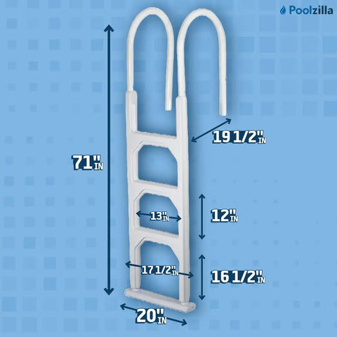 In Pool Ladder For 48 To 54 Inch Pools, Deck Mounted Aluminum And Resin Entry System With Dual Handrails, Four Resin Treads, Easy Climb, Stable Support Up To 250 Lbs, Ideal For Safe Pool Access. White pool ladder with dimensions