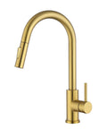 Top Shelf Brushed Gold Kitchen Faucet With Drip Free Pull Down Sprayer And Included Deck Plate Heavy Duty Solid Brass Valve Low Lead Stainless Steel Build. Modern design with pullout sprayer.