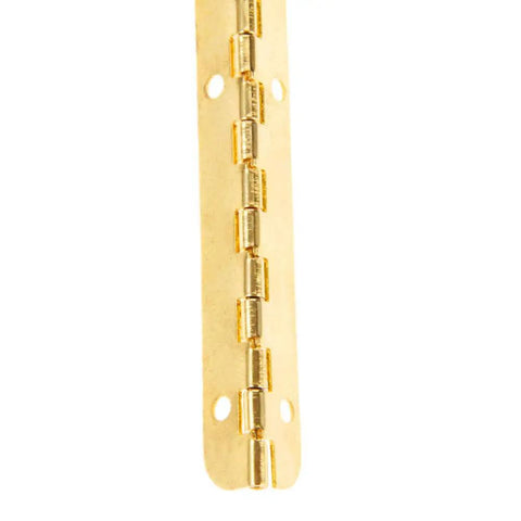 Close-up of a golden hinge showing hinges and screw holes, suitable for furniture and decorative boxes.