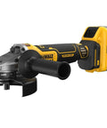 Heavy Duty 20V Brushless Cordless Angle Grinder Kit Featuring Smart Anti Rotation Safety And Portable Powerpack For Badass Metal Cutting And Grinding Tasks No Sweat close-up view with black and yellow color scheme.