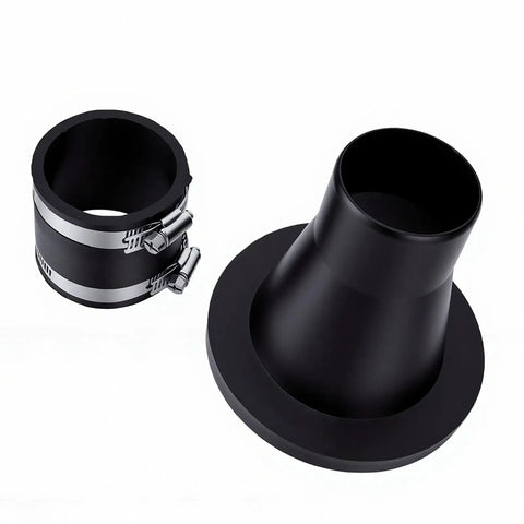 Heavy Duty 2.5 Inch Dust Collection Fittings With Slick Quick Connect Coupler And Tough Steel Port Receivers Two Pack Hose Adapter Kit. Black fittings designed for dust management.