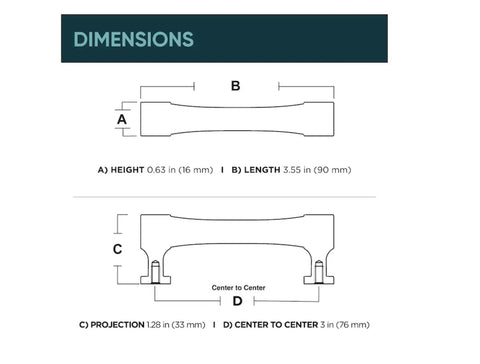 Dimensions diagram for Brushed Brass 3 Inch Flared Cabinet Drawer Pull, Modern Crib Style Hardware, Center To Center 3 Inch.