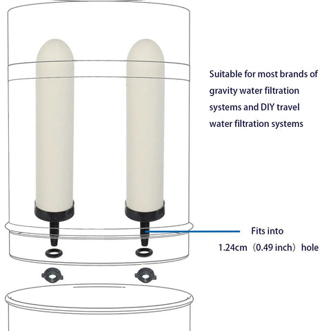 Diagram of 4 Pack 7 Inch Replacement Ceramic Filter Candles with Activated Carbon for gravity water systems installation.