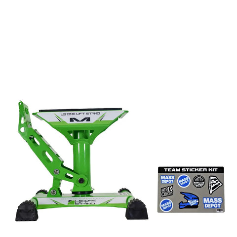 Beefy Heavy Duty Lift Stand For Dirt Bikes And Mini Riders 500 Lb Capacity Carbon Steel Construction with Green Sticker Pack