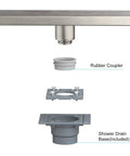 Exploded view of 28 Inch Linear Shower Drain With Base, cUPC Certified 304 Stainless Steel, Brushed Nickel Finish components.