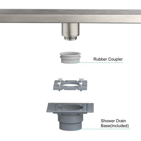Exploded view of 28 Inch Linear Shower Drain With Base, cUPC Certified 304 Stainless Steel, Brushed Nickel Finish components.