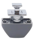 Close-up of RV Push Button Cabinet Locks Latch, gray nylon and stainless steel, 15mm panel, durable for motorhome use